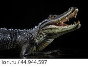 A gharial, a long-snouted crocodile with a narrow muzzle on black background. Стоковое AI-изображение, AI-художник Veniamin Kraskov / Фотобанк Лори