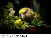 Kakapo parrot revels in its natural habitat surrounded by lush greenery. Стоковое AI-изображение, AI-художник Veniamin Kraskov / Фотобанк Лори