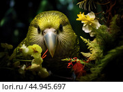 Kakapo parrot revels in its natural habitat surrounded by lush greenery. Стоковое AI-изображение, AI-художник Veniamin Kraskov / Фотобанк Лори