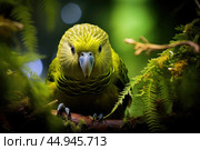 Kakapo parrot revels in its natural habitat surrounded by lush greenery. Стоковое AI-изображение, AI-художник Veniamin Kraskov / Фотобанк Лори