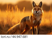 A majestic Maned Wolf stands tall in the golden glow of the South American savannah. Стоковое AI-изображение, AI-художник Veniamin Kraskov / Фотобанк Лори