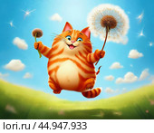 A fat orange cat flies on a white dandelion, like on a parachute. Стоковое AI-изображение, AI-художник Сергей Елизарьев / Фотобанк Лори
