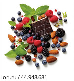 Smart nutrition for brain health - A composition of fresh berries, nuts, green leaves and pieces of dark chocolate. Стоковое AI-изображение, AI-художник Veniamin Kraskov / Фотобанк Лори