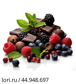 Smart nutrition for brain health - A composition of fresh berries, nuts, green leaves and pieces of dark chocolate. Стоковое AI-изображение, AI-художник Veniamin Kraskov / Фотобанк Лори