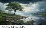 Serenity unfolds in tranquil, undisturbed natural landscapes. Стоковое AI-изображение, AI-художник Veniamin Kraskov / Фотобанк Лори