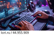 Gamer playing a videogame on his computer. Стоковое AI-изображение, AI-художник Юрий Поздников / Фотобанк Лори