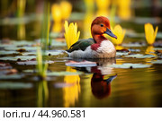 The elusive Madagascar Pochard, a rare and endangered duck species. Стоковое AI-изображение, AI-художник Veniamin Kraskov / Фотобанк Лори