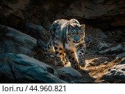 A snow leopard displaying its stealth and predatory instincts in the shadows of a rocky landscape. Стоковое AI-изображение, AI-художник Veniamin Kraskov / Фотобанк Лори