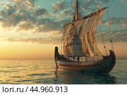Ancient greek merchant ship sailing at sunset on calm sea. Стоковое AI-изображение, AI-художник Иван Рябоконь / Фотобанк Лори