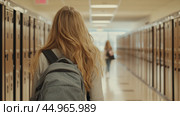 A student walks down a school hallway with lockers during the school day in bright lighting. Стоковое AI-изображение, AI-художник Юлия Гапеенко / Фотобанк Лори