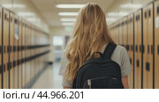 A student walks down a school hallway with lockers during the school day in bright lighting. Стоковое AI-изображение, AI-художник Юлия Гапеенко / Фотобанк Лори