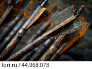 Close up of old weathered wooden arrows with orange fletching. Стоковое AI-изображение, AI-художник Иван Рябоконь / Фотобанк Лори