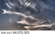 Cirrus Ci is genus of high cloud made of ice crystals, appear delicate wispy white strands. Cirrus formed when warm dry air rises, water vapor deposition onto dust particles at high altitudes. Стоковое видео, видеограф Юлия Петровская / Фотобанк Лори