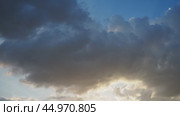 Beautiful clouds in sky. Volumetric light cumulus effect. The sunrays are hidden behind dark clouds. Convection in troposphere. Movement of moisture in atmosphere. Weather forecast. Стоковое видео, видеограф Юлия Петровская / Фотобанк Лори