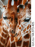 Two giraffes close together, gently nuzzling in a display of affection and connection. Стоковое AI-изображение, AI-художник Veniamin Kraskov / Фотобанк Лори