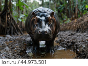 The pygmy hippopotamus is a small, shy, semi-aquatic mammal native to the forests and swamps of West Africa. Стоковое AI-изображение, AI-художник Veniamin Kraskov / Фотобанк Лори