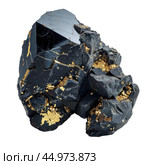 Black sphalerite crystal specimen with golden pyrite inclusions sparkling. Стоковое AI-изображение, AI-художник Иван Рябоконь / Фотобанк Лори