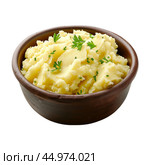 Bowl of mashed potatoes garnished with parsley and chives on white background. Стоковое AI-изображение, AI-художник Иван Рябоконь / Фотобанк Лори