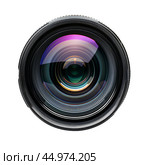 Camera lens showing colorful diaphragm blades reflecting light. Стоковое AI-изображение, AI-художник Иван Рябоконь / Фотобанк Лори