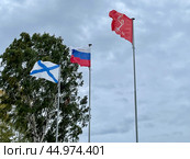 Флаг России, флаг Санкт-Петербурга, Военно-морской флаг Российской Федерации. Парк "Остров фортов", город Кронштадт. Редакционное фото, фотограф Щеголева Ольга / Фотобанк Лори