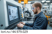 Factory worker programming cnc machine using computer software. Стоковое AI-изображение, AI-художник Юрий Поздников / Фотобанк Лори