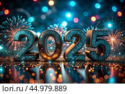 The banner. Happy New Year and Merry Christmas. Shiny 2025 numbers, sequins and a beautiful bokeh on a dark background. The flyer. Invitation. Стоковое AI-изображение, AI-художник Photojuli / Фотобанк Лори