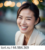 A cheerful Chinese woman dressed in a white blazer smiles warmly while standing in a vibrant traditional courtyard filled with lanterns. People walk by in the background. Mongoloid Asian face type. AI. Стоковое AI-изображение, AI-художник Юлия Петровская / Фотобанк Лори