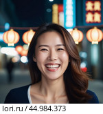 A cheerful Chinese woman dressed in a white blazer smiles warmly while standing in a vibrant traditional courtyard filled with lanterns. People walk by in the background. Mongoloid Asian face type. AI. Стоковое AI-изображение, AI-художник Юлия Петровская / Фотобанк Лори