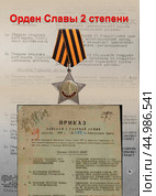 Орден Славы второй степени и наградные документы на Н.М. Яганова (2013 год). Редакционное фото, фотограф Дмитрий Неумоин / Фотобанк Лори