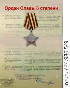 Орден Славы Третьей степени и наградные документы на Н.М. Яганова (2013 год). Редакционное фото, фотограф Дмитрий Неумоин / Фотобанк Лори