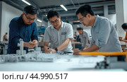 Team of engineers collaborating on a project in a modern workshop while discussing design plans and working on prototypes. Стоковое AI-изображение, AI-художник Сергей Толмачёв / Фотобанк Лори
