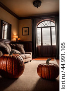 Halloween glowing decor in the cozy interior of the house made of pumpkins, garlands, Jack Latern, candles. Halloween party In the evening at dusk. AI generated. Стоковое AI-изображение, AI-художник Ольга Симонова / Фотобанк Лори