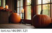 Halloween glowing decor in the cozy interior of the house made of pumpkins, garlands, Jack Latern, candles. Halloween party In the evening at dusk. AI generated. Стоковое AI-изображение, AI-художник Ольга Симонова / Фотобанк Лори