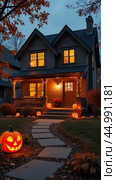 Halloween glowing decor on the facade of the house outside made of pumpkins, garlands, Jack Latern, candles. Halloween party In the evening at dusk. AI generated. Стоковое AI-изображение, AI-художник Ольга Симонова / Фотобанк Лори