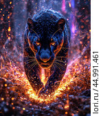 Black panther running in sparks and flames. Стоковое AI-изображение, AI-художник Сергей Елизарьев / Фотобанк Лори
