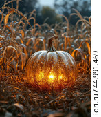 Halloween - annually October 31. One of the most famous attributes is the pumpkin lantern, or Jack's lamp — it is a hollow pumpkin, on which an ominous grimace is carved, and a candle is placed inside. Стоковое AI-изображение, AI-художник Сергей Елизарьев / Фотобанк Лори