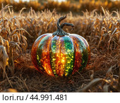 Halloween - annually October 31. One of the most famous attributes is the pumpkin lantern, or Jack's lamp — it is a hollow pumpkin, on which an ominous grimace is carved, and a candle is placed inside. Стоковое AI-изображение, AI-художник Сергей Елизарьев / Фотобанк Лори