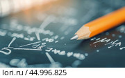 Pencil Placed on Blue Graph Paper With Mathematical Equations in Bright Lighting. Стоковое AI-изображение, AI-художник Юлия Гапеенко / Фотобанк Лори