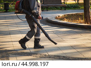 A man, a utility worker, removes leaves from the road with a special device. Стоковое фото, фотограф Александр Поташев / Фотобанк Лори