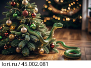 Happy New Year 2025. The symbol of the year is a green snake on the background of a Christmas tree. A festive poster or banner for a party and New Year's Eve. Стоковое AI-изображение, AI-художник Photojuli / Фотобанк Лори