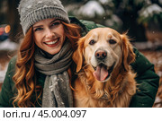 Happy New Year and Merry Christmas! Pets. A woman hugs a retriever dog. A conscious life with pets, the concept of love for animals. Стоковое AI-изображение, AI-художник Photojuli / Фотобанк Лори