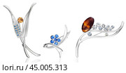 Three silver brooches with different gemstones in floral style on isolated background. Редакционное фото, фотограф Татьяна Грачева / Фотобанк Лори