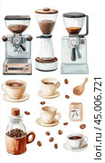 A cozy coffee preparation setup featuring grinders, cups, and beans for an inviting morning brew experience in a modern kitchen. Стоковое AI-изображение, AI-художник Сергей Толмачёв / Фотобанк Лори