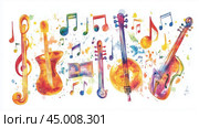 Vibrant watercolor illustration of various musical instruments surrounded by colorful notes and splashes. Стоковое AI-изображение, AI-художник Сергей Толмачёв / Фотобанк Лори