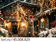 A red deer with big horns in snowy weather on the background of a Christmas tree, wooden houses and New Year's lights. Стоковое AI-изображение, AI-художник Photojuli / Фотобанк Лори