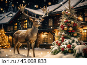 A red deer with big horns in snowy weather on the background of a Christmas tree, wooden houses and New Year's lights. Стоковое AI-изображение, AI-художник Photojuli / Фотобанк Лори