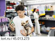 Focused preteen boy choosing canned dog food for Yorkie in pet store. Стоковое фото, фотограф Яков Филимонов / Фотобанк Лори