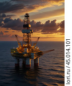 Offshore oil rig extracting oil against the backdrop of sunset. Стоковое AI-изображение, AI-художник Сергей Елизарьев / Фотобанк Лори