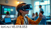 Child engaging with virtual reality education technology in classroom, students learning with innovative digital tools, interactive VR experience for young learners. Стоковое AI-изображение, AI-художник Павел Муравьев / Фотобанк Лори