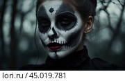 Scary Halloween makeup on a woman's face in the form of a skull, a corpse. Halloween Party. AI generated. Стоковое AI-изображение, AI-художник Ольга Симонова / Фотобанк Лори